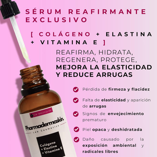 Pharmadermaskin Sérum Facial 30 ml – Colágeno, Elastina y Vitamina E – Reafirma, Hidrata y Reduce Arrugas – Antioxidante para Piel Seca, Flácida y con Líneas de Expresión